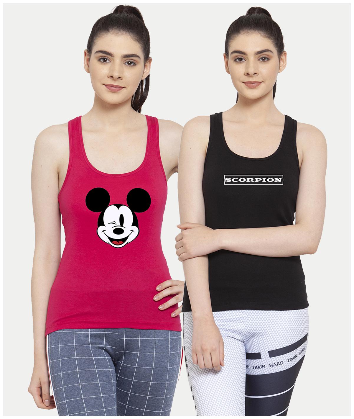 

Friskers Women Pink Black Regular fit U neck Cotton Tank top