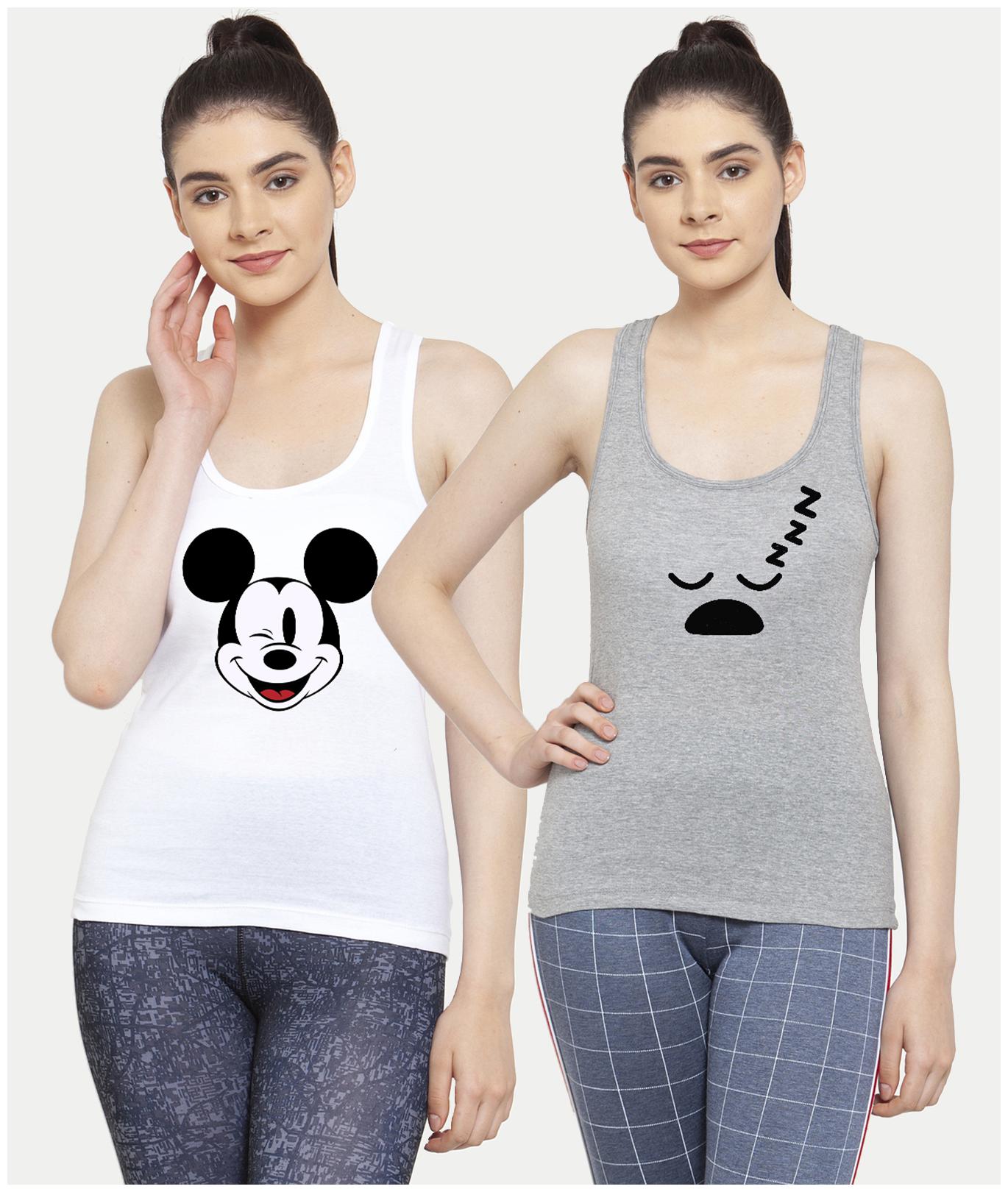 

Friskers Women White Grey Regular fit U neck Cotton Tank top