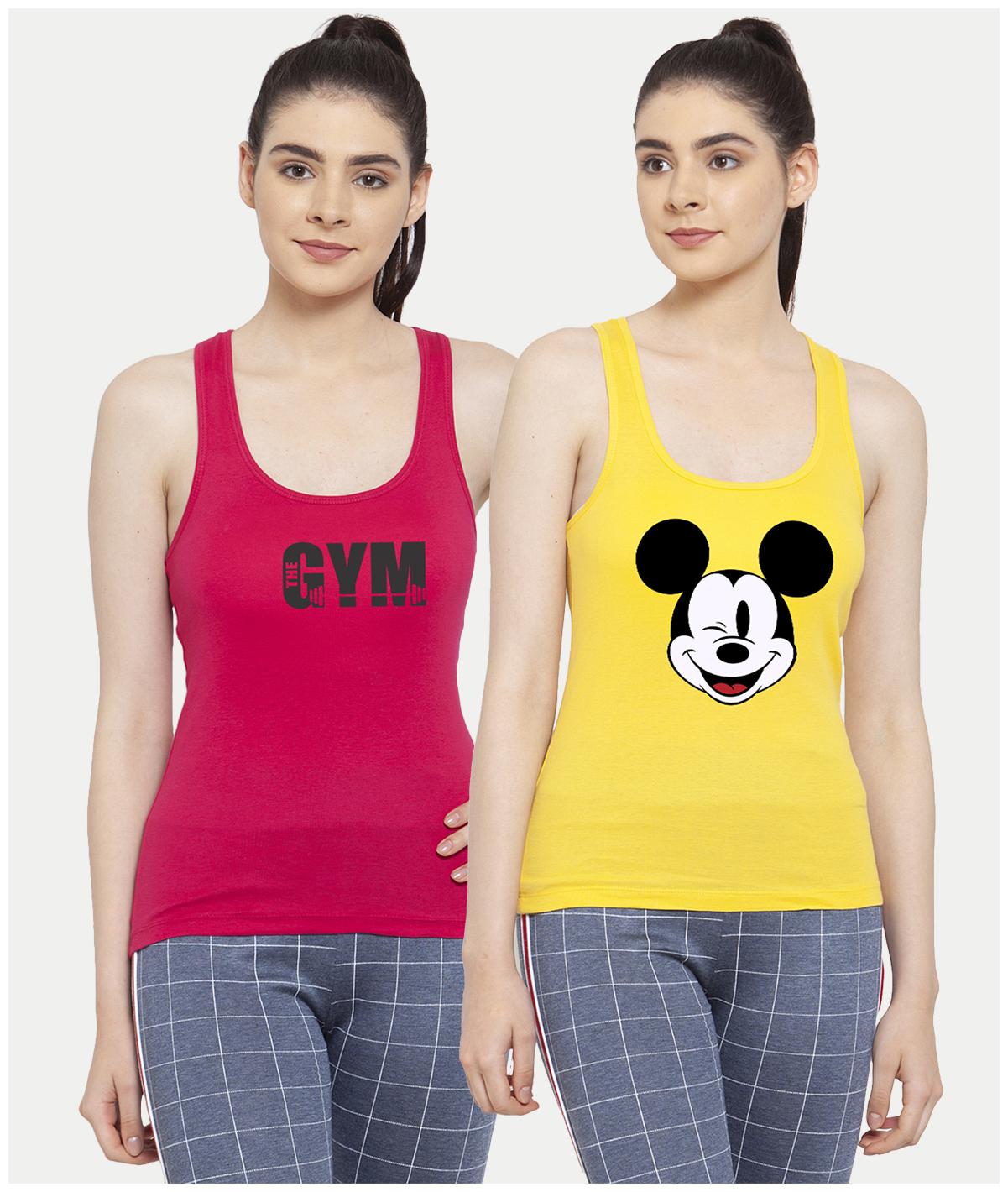 

Friskers Women Yellow Pink Regular fit U neck Cotton Tank top