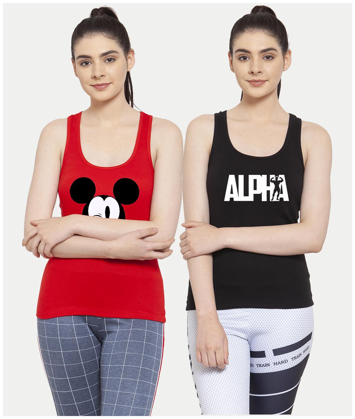 

Friskers Women Red Black Regular fit U neck Cotton Tank top