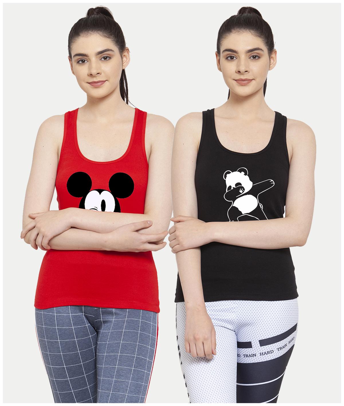 

Friskers Women Red Black Regular fit U neck Cotton Tank top