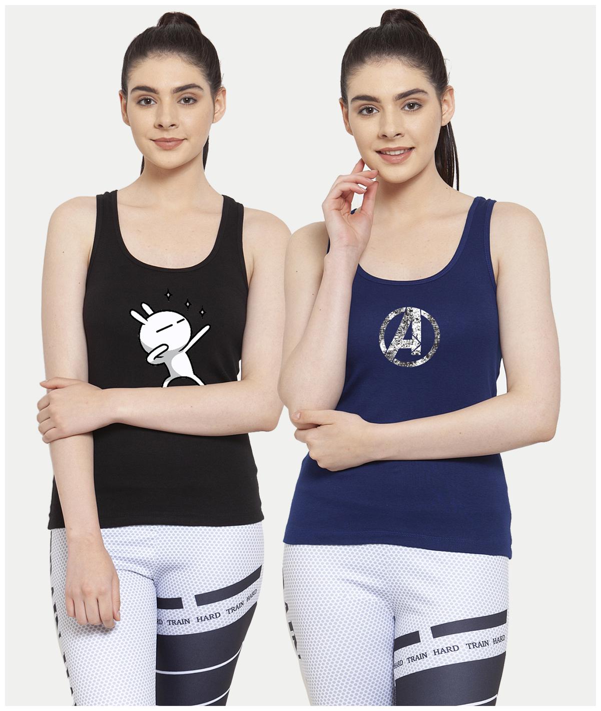 

Friskers Women Black Blue Regular fit U neck Cotton Tank top