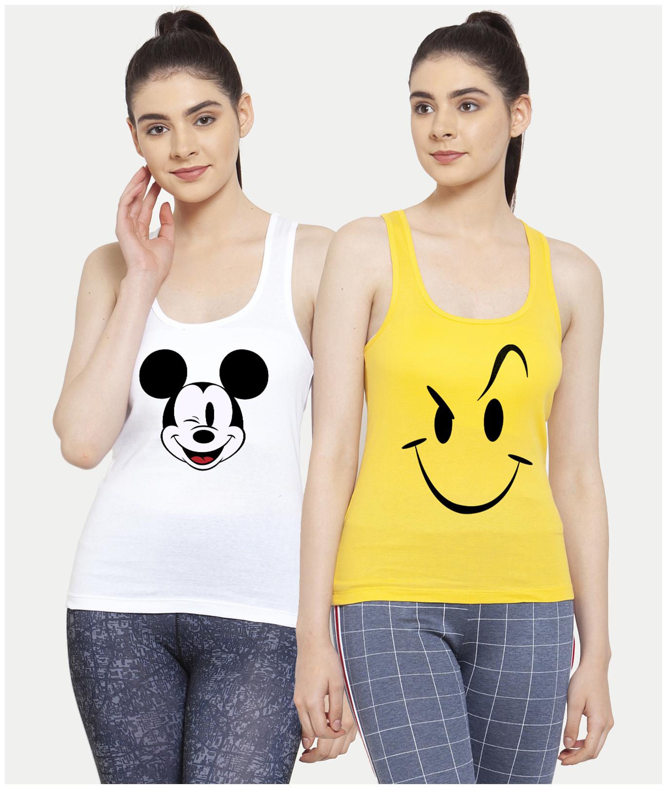 

Friskers Women White Yellow Regular fit U neck Cotton Tank top