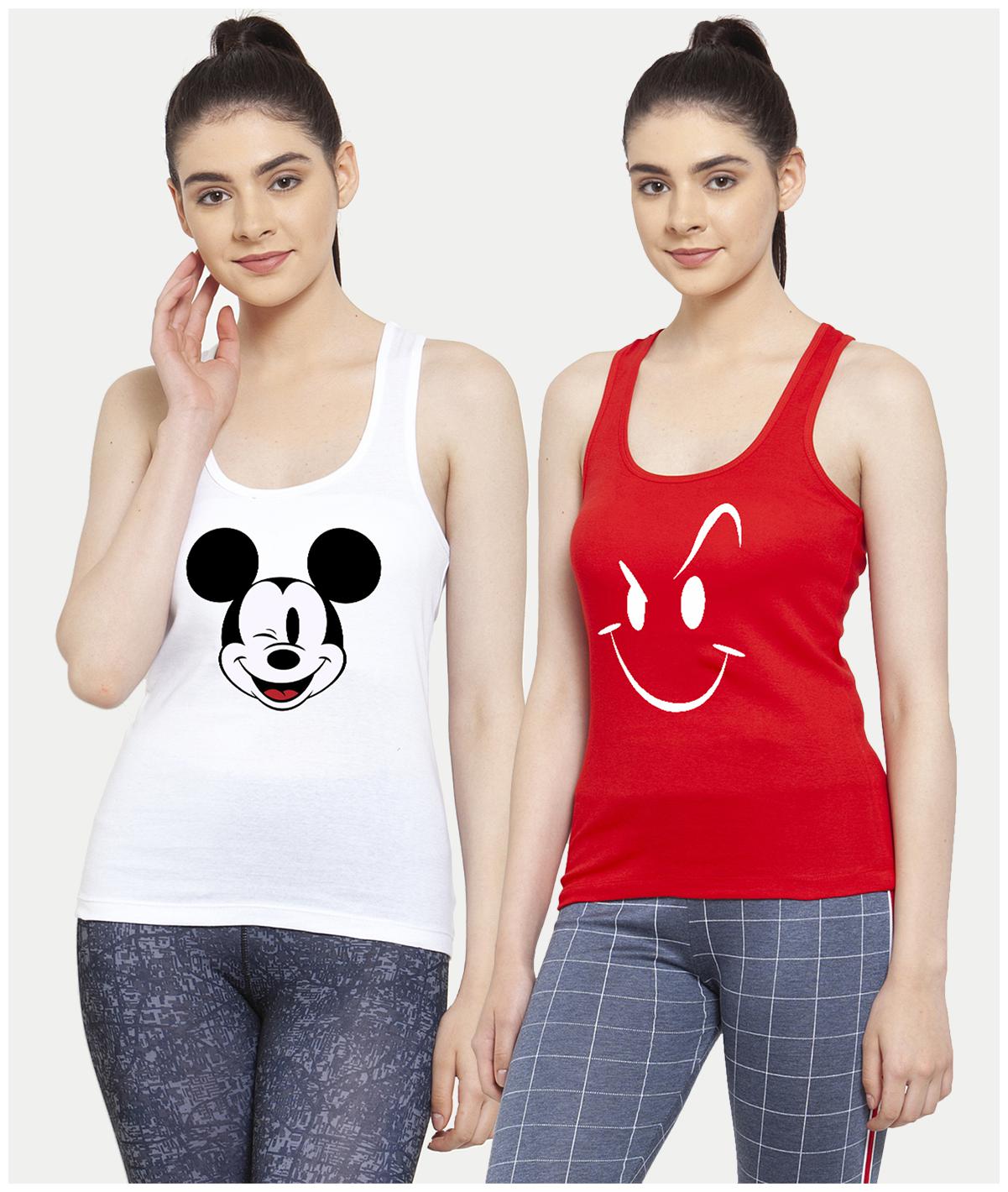 

Friskers Women White Red Regular fit U neck Cotton Tank top