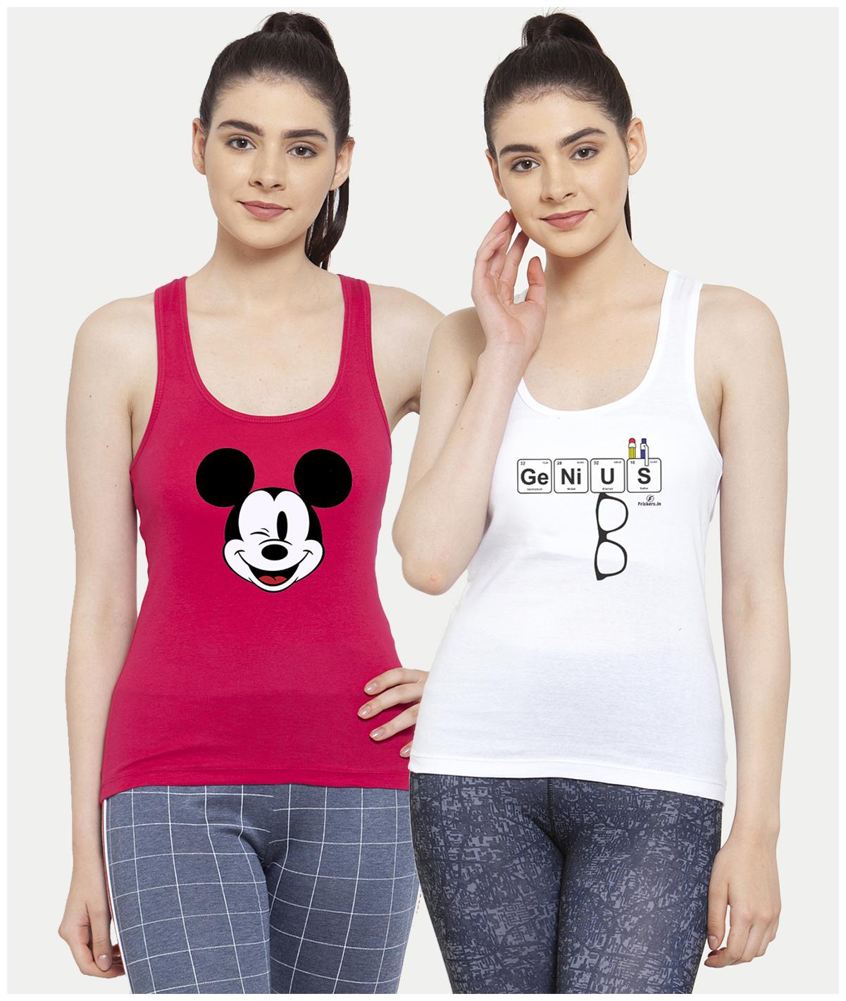 

Friskers Women Pink White Regular fit U neck Cotton Tank top