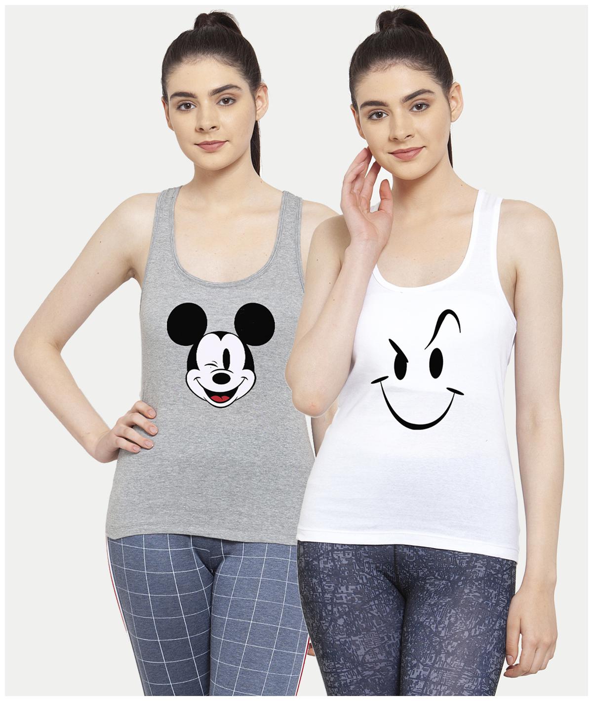 

Friskers Women Grey White Regular fit U neck Cotton Tank top