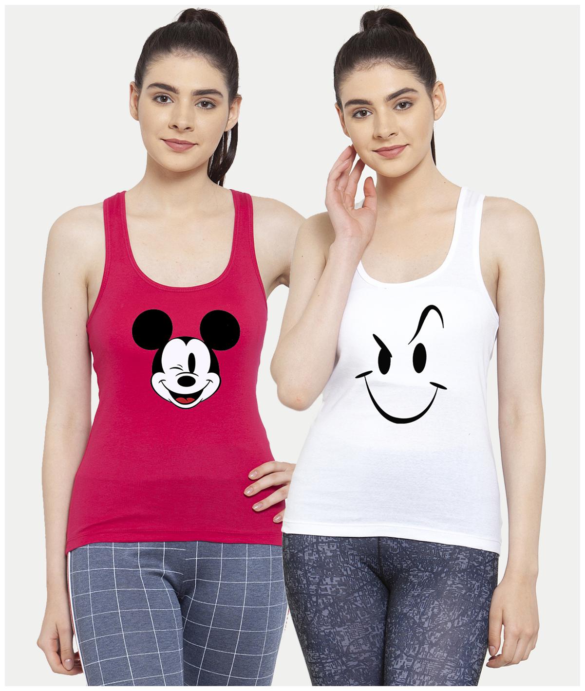 

Friskers Women Pink White Regular fit U neck Cotton Tank top