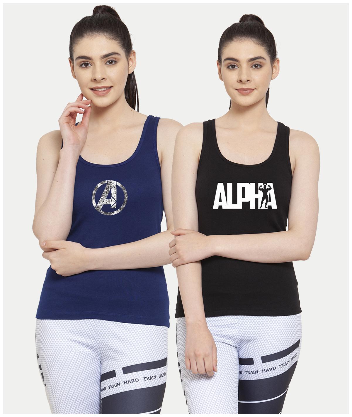 

Friskers Women Blue Black Regular fit U neck Cotton Tank top