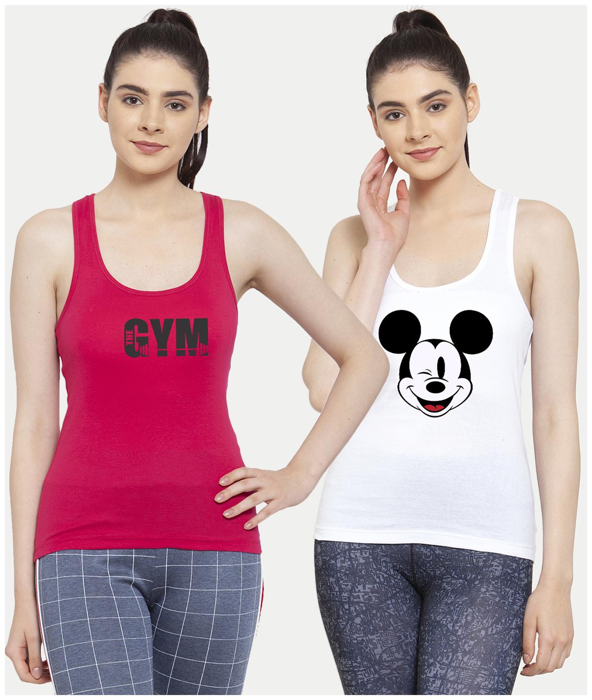 

Friskers Women White Pink Regular fit U neck Cotton Tank top