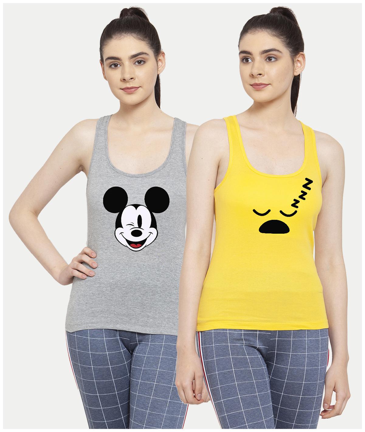 

Friskers Women Grey Yellow Regular fit U neck Cotton Tank top