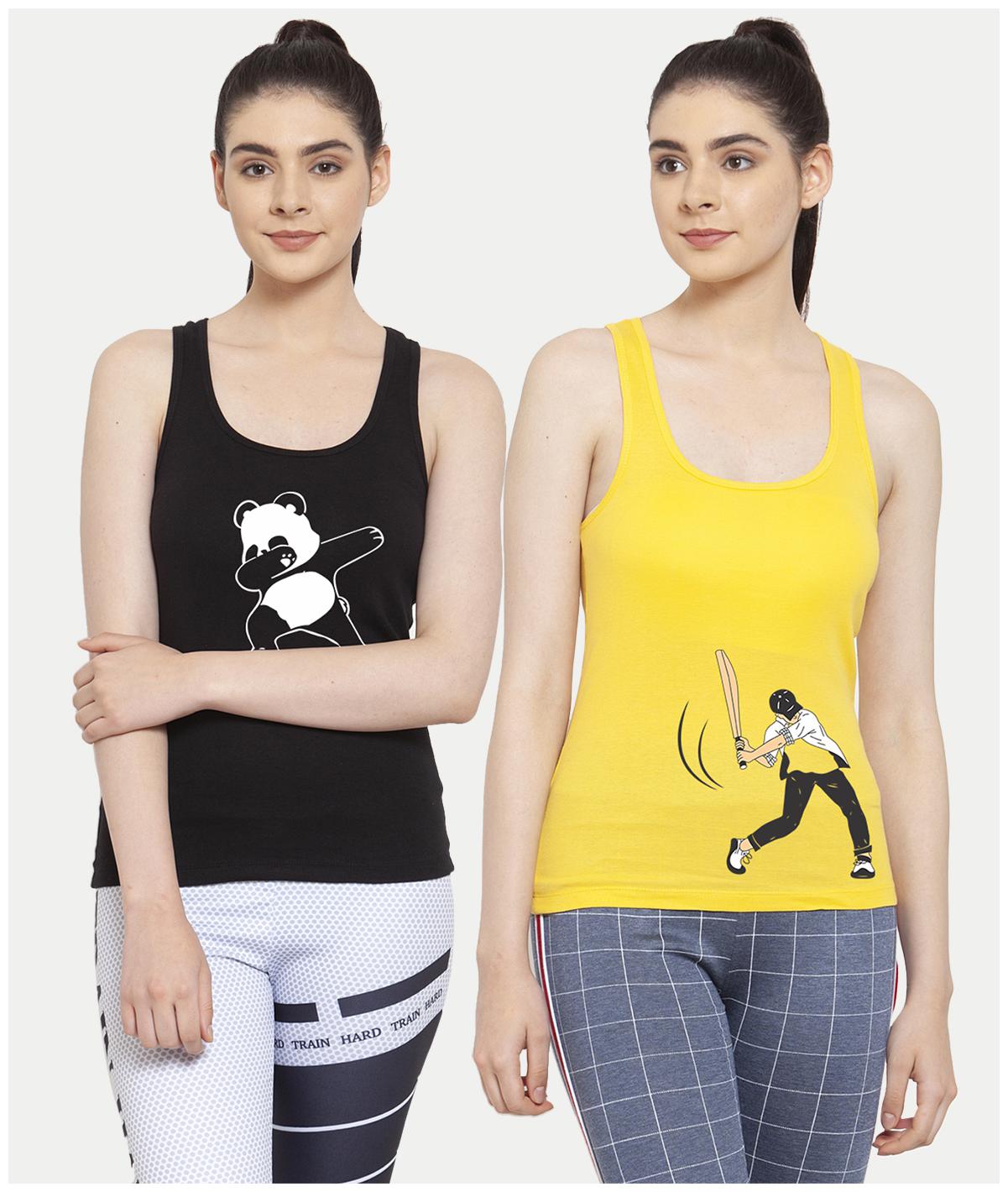 

Friskers Women Black Yellow Regular fit U neck Cotton Tank top