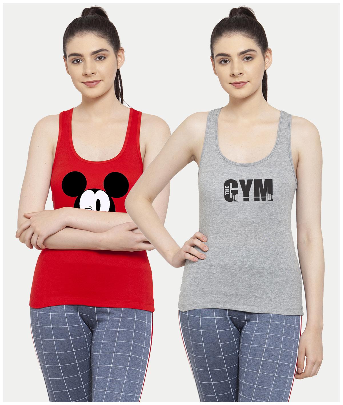 

Friskers Women Red Grey Regular fit U neck Cotton Tank top
