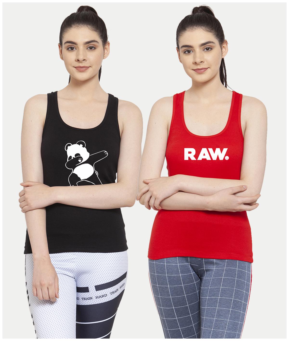

Friskers Women Black Red Regular fit U neck Cotton Tank top