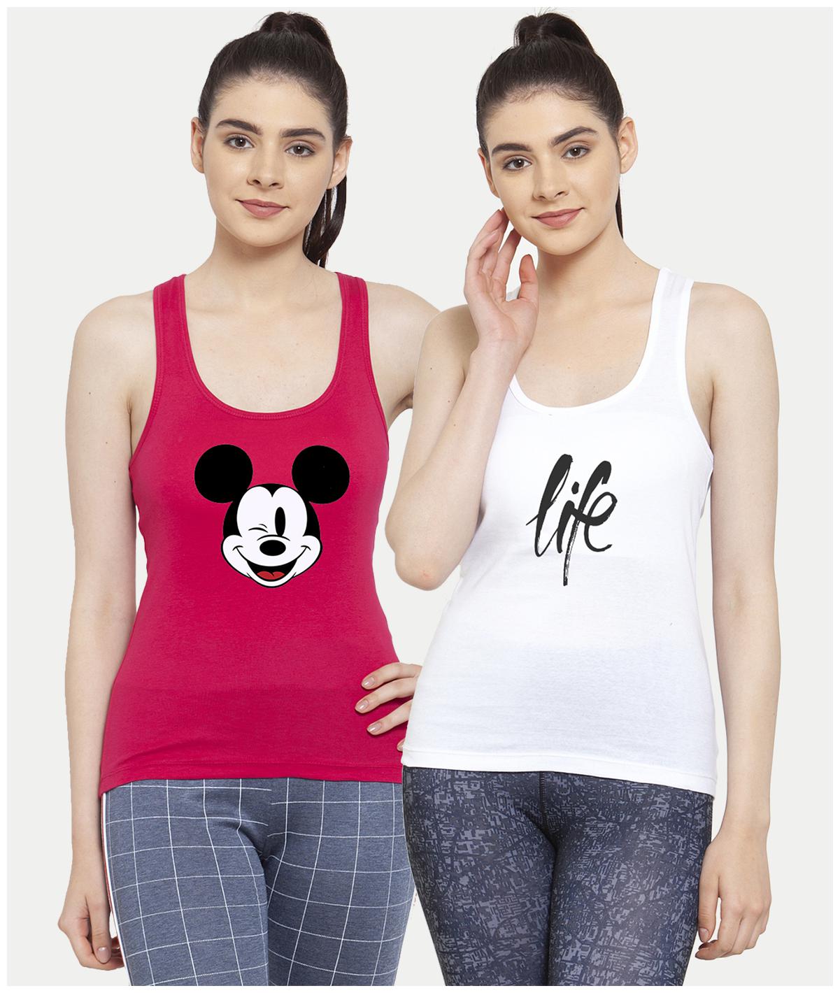 

Friskers Women Pink White Regular fit U neck Cotton Tank top