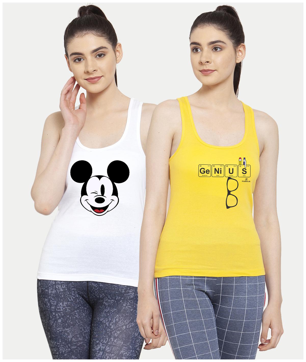 

Friskers Women White Yellow Regular fit U neck Cotton Tank top