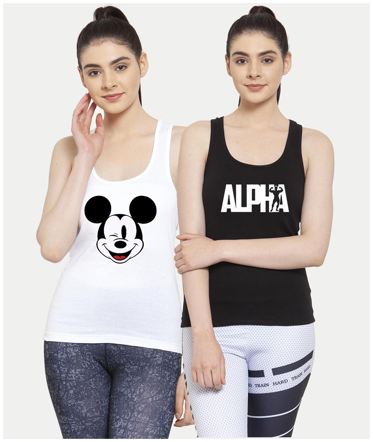 

Friskers Women White Black Regular fit U neck Cotton Tank top