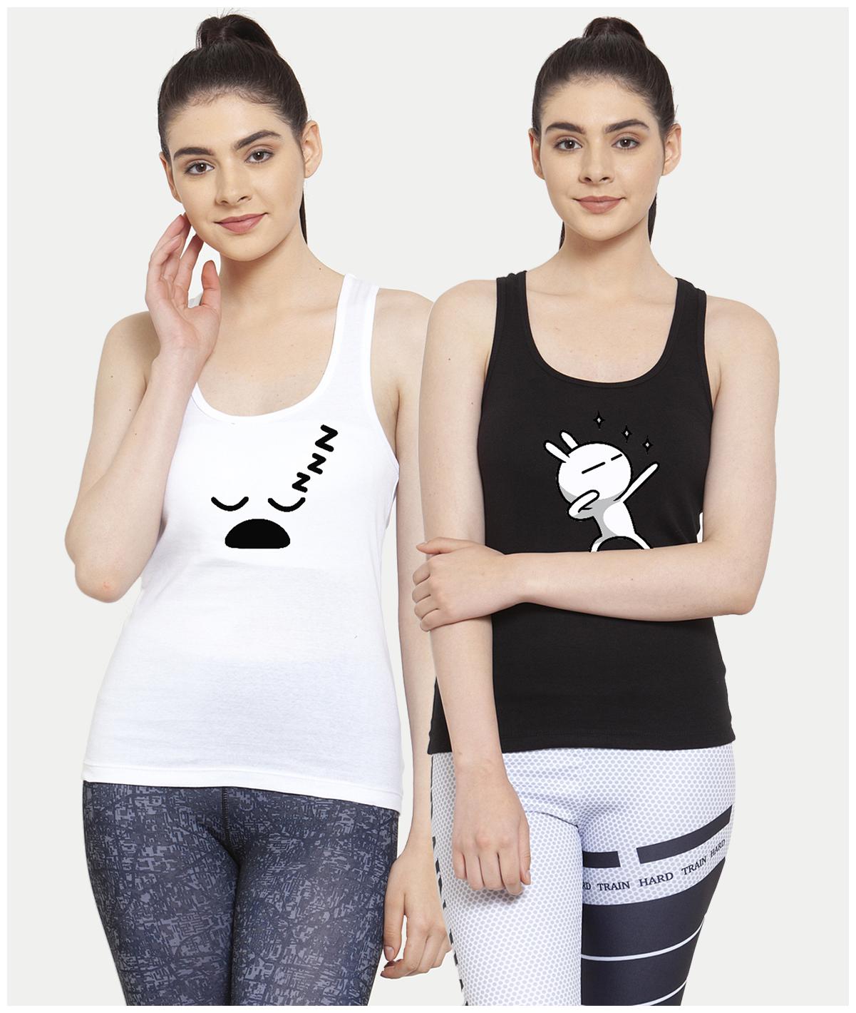 

Friskers Women White Black Regular fit U neck Cotton Tank top