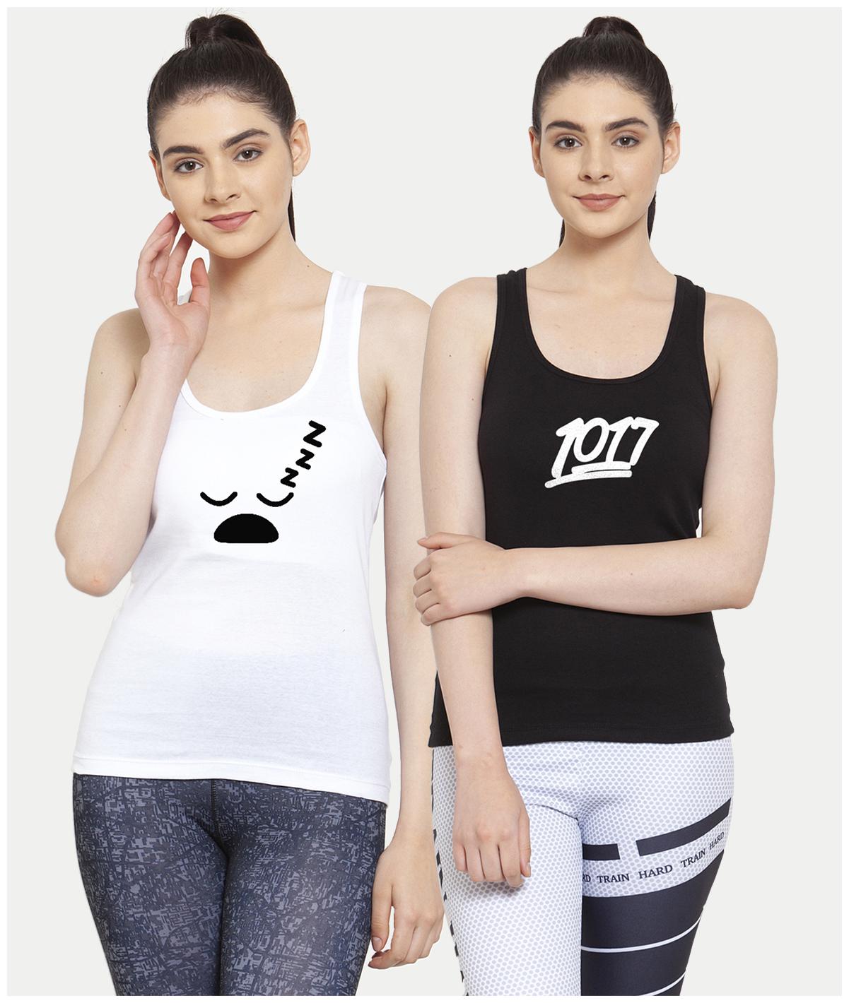 

Friskers Women White Black Regular fit U neck Cotton Tank top