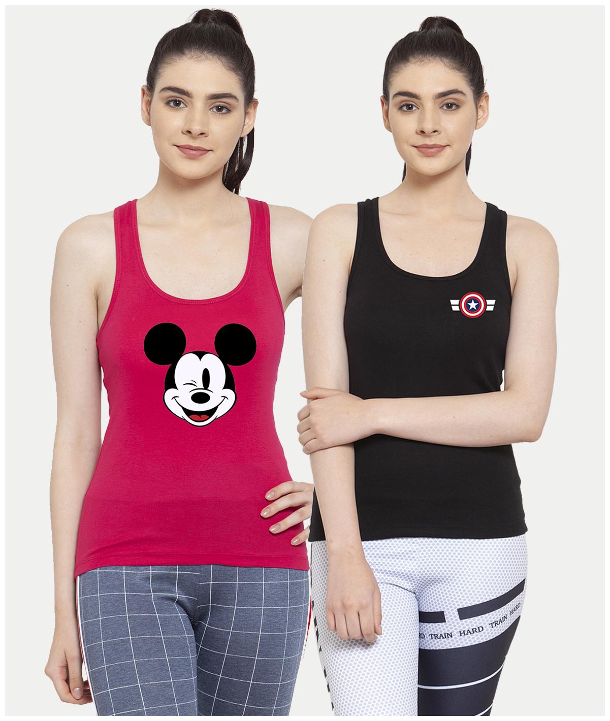 

Friskers Women Pink Black Regular fit U neck Cotton Tank top