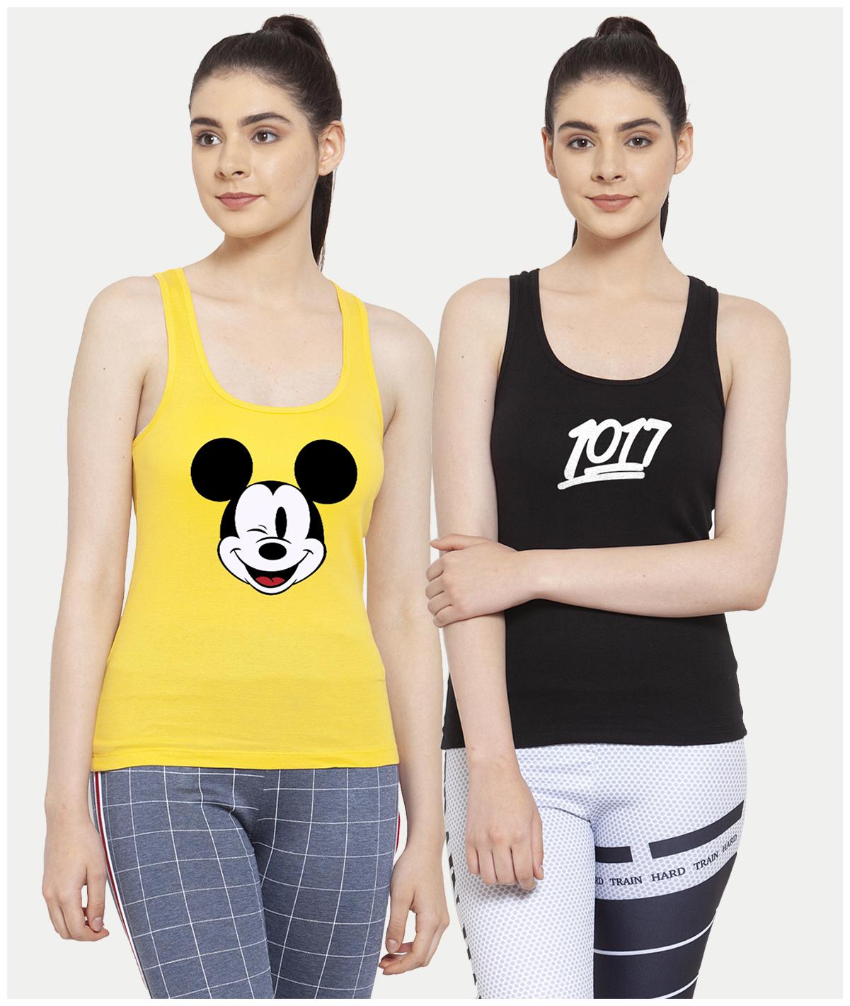 

Friskers Women Yellow Black Regular fit U neck Cotton Tank top