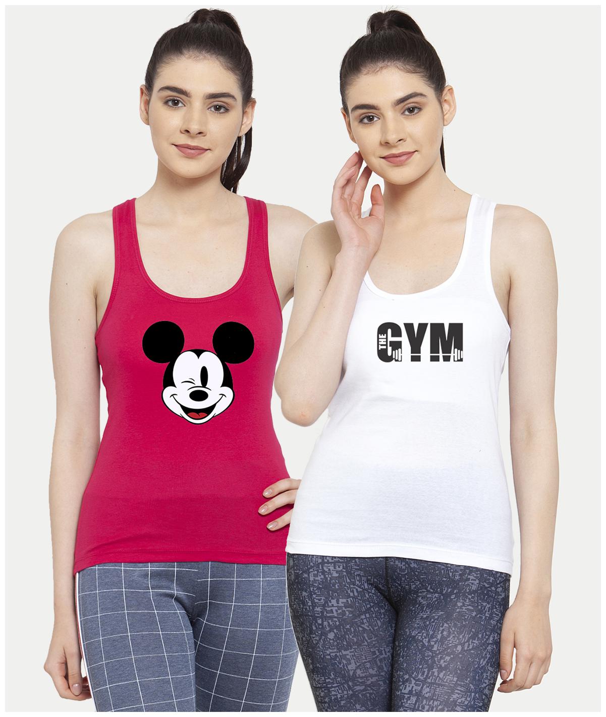 

Friskers Women Pink White Regular fit U neck Cotton Tank top