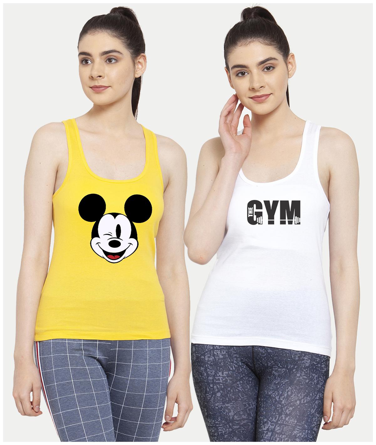 

Friskers Women Yellow White Regular fit U neck Cotton Tank top