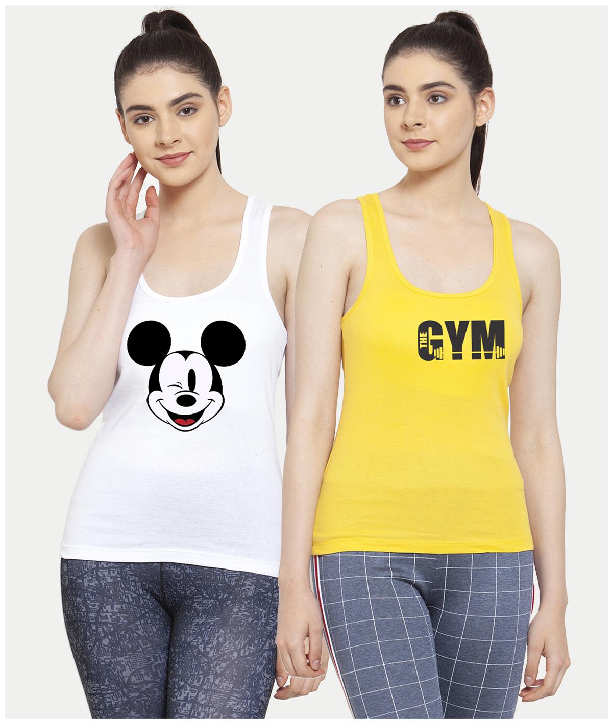 

Friskers Women White Yellow Regular fit U neck Cotton Tank top