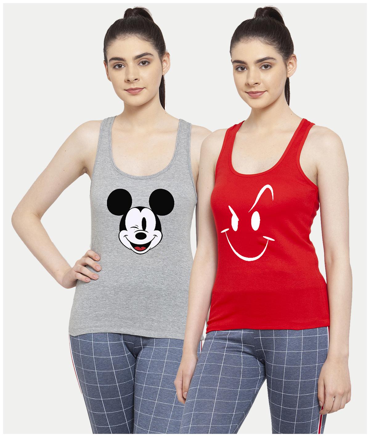 

Friskers Women Grey Red Regular fit U neck Cotton Tank top