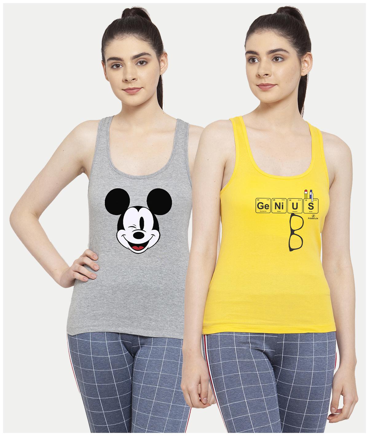 

Friskers Women Grey Yellow Regular fit U neck Cotton Tank top