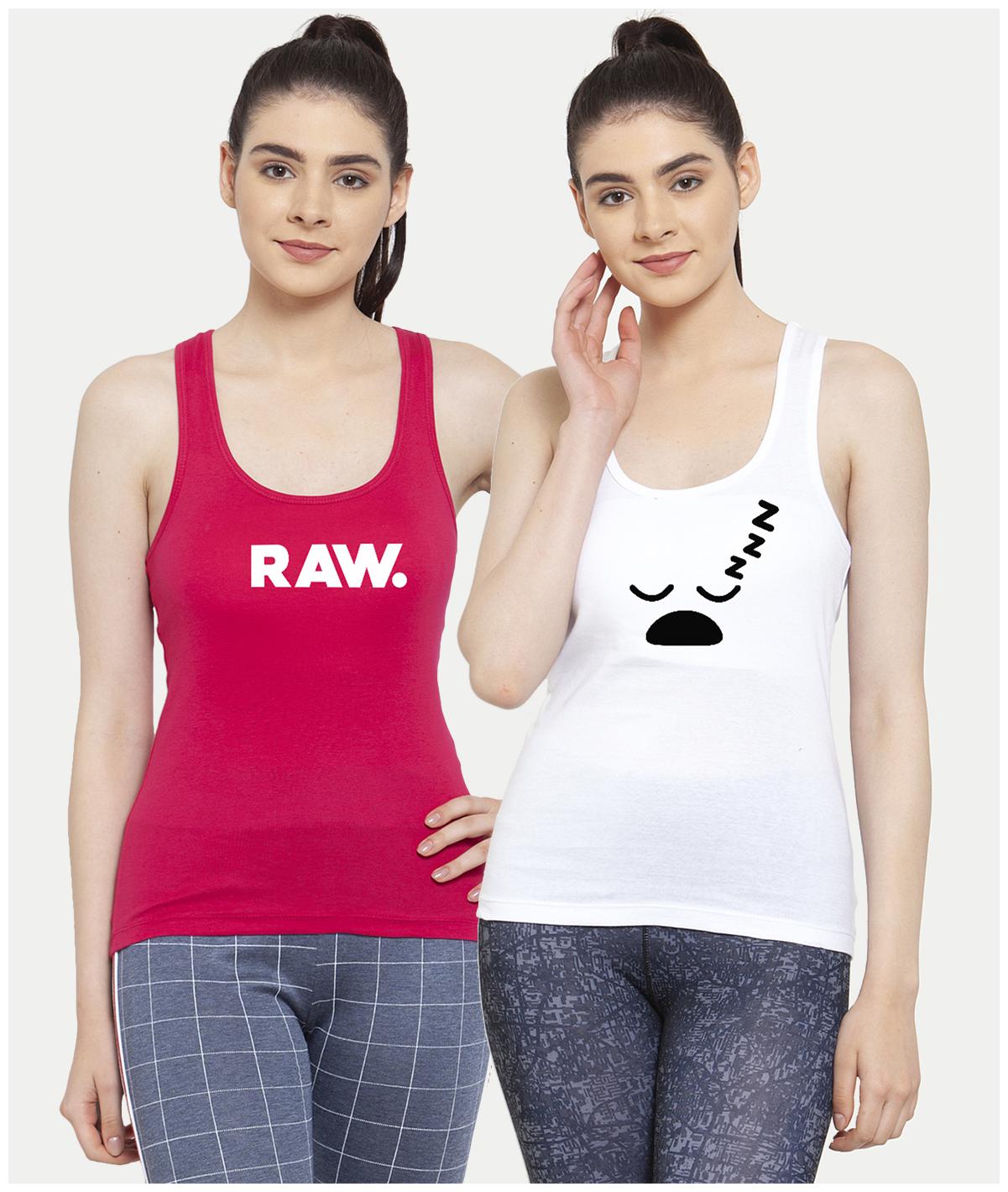 

Friskers Women White Pink Regular fit U neck Cotton Tank top