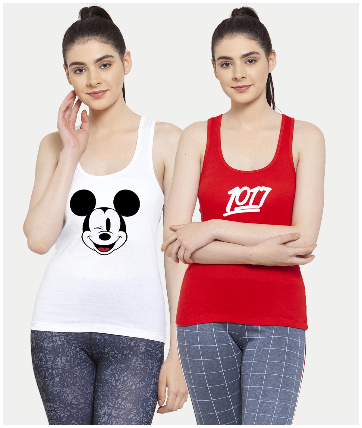 

Friskers Women White Red Regular fit U neck Cotton Tank top