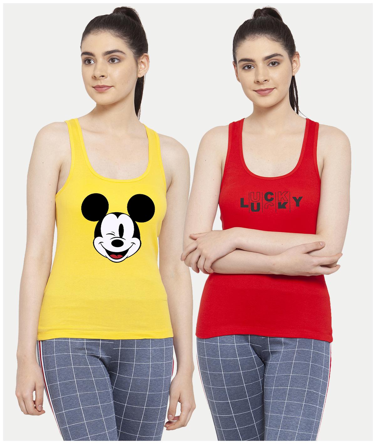 

Friskers Women Yellow Red Regular fit U neck Cotton Tank top