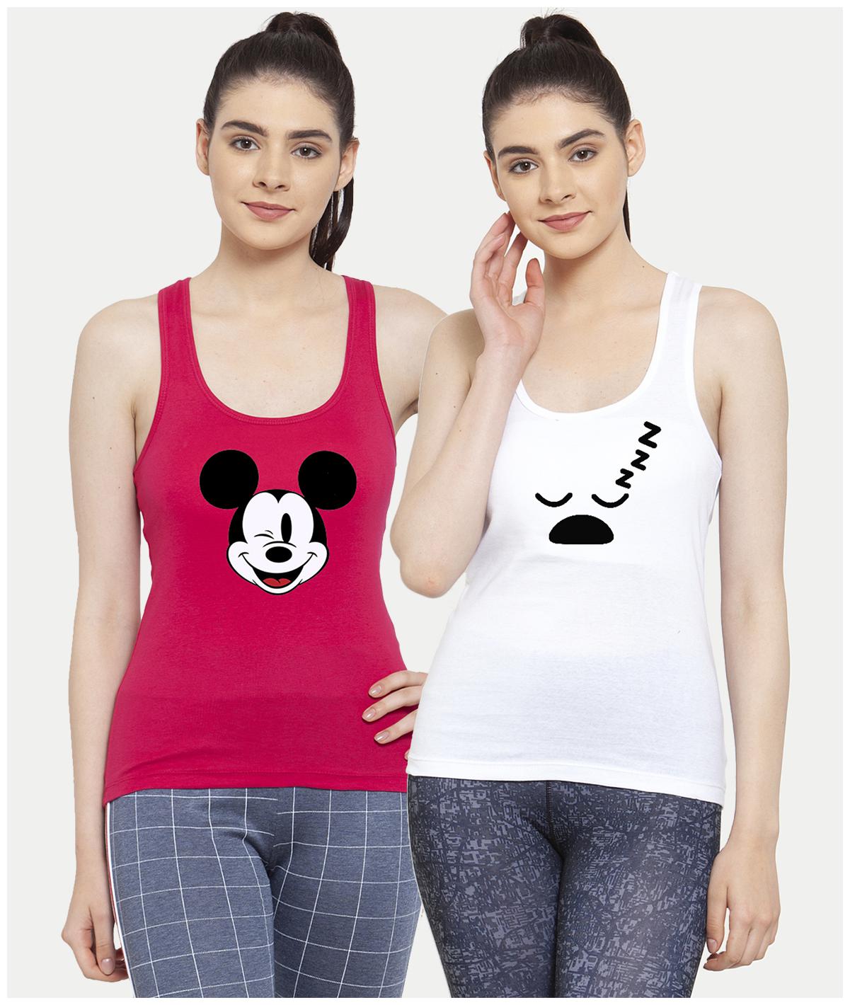 

Friskers Women Pink White Regular fit U neck Cotton Tank top