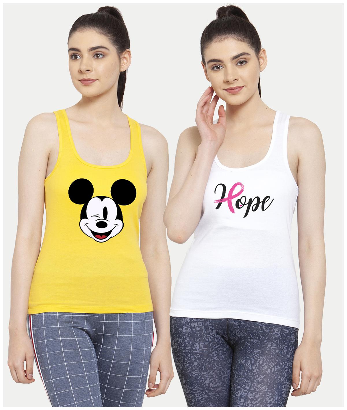 

Friskers Women Yellow White Regular fit U neck Cotton Tank top