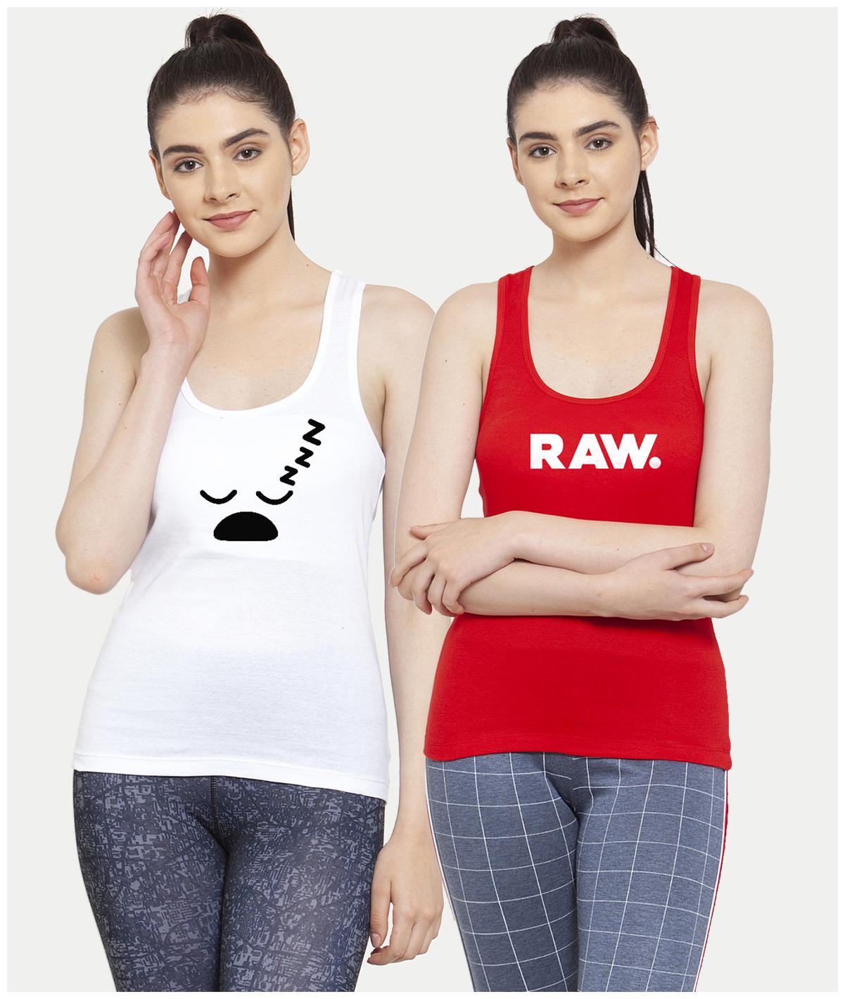 

Friskers Women White Red Regular fit U neck Cotton Tank top
