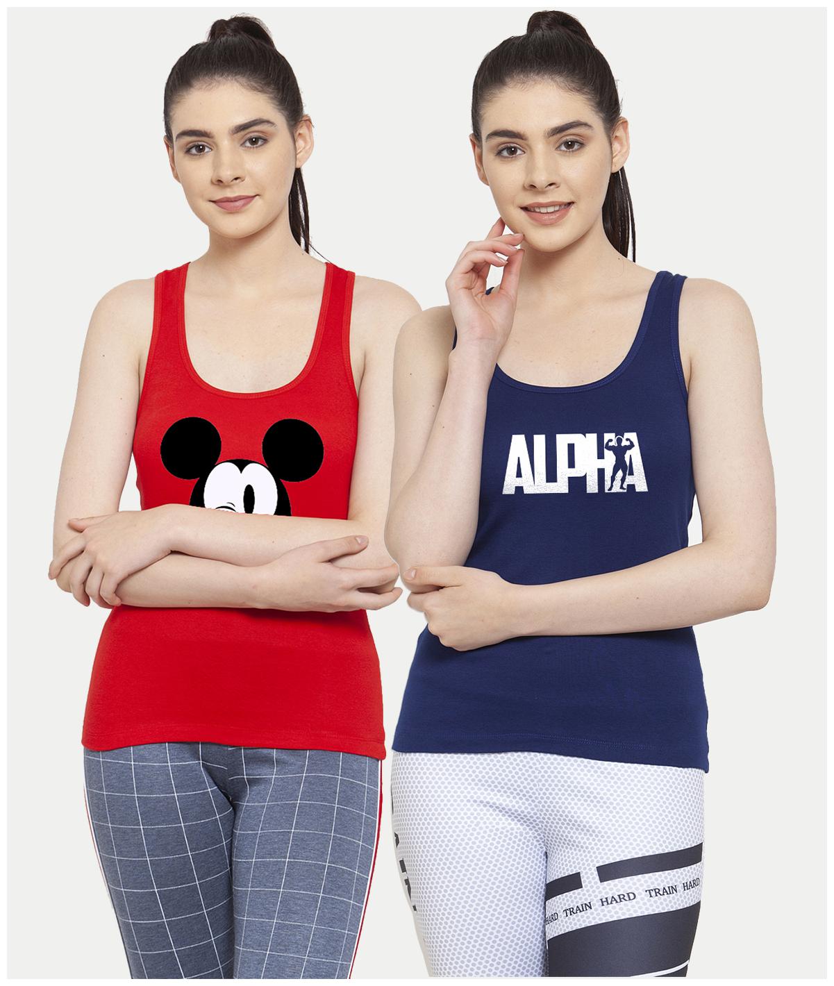 

Friskers Women Red Blue Regular fit U neck Cotton Tank top