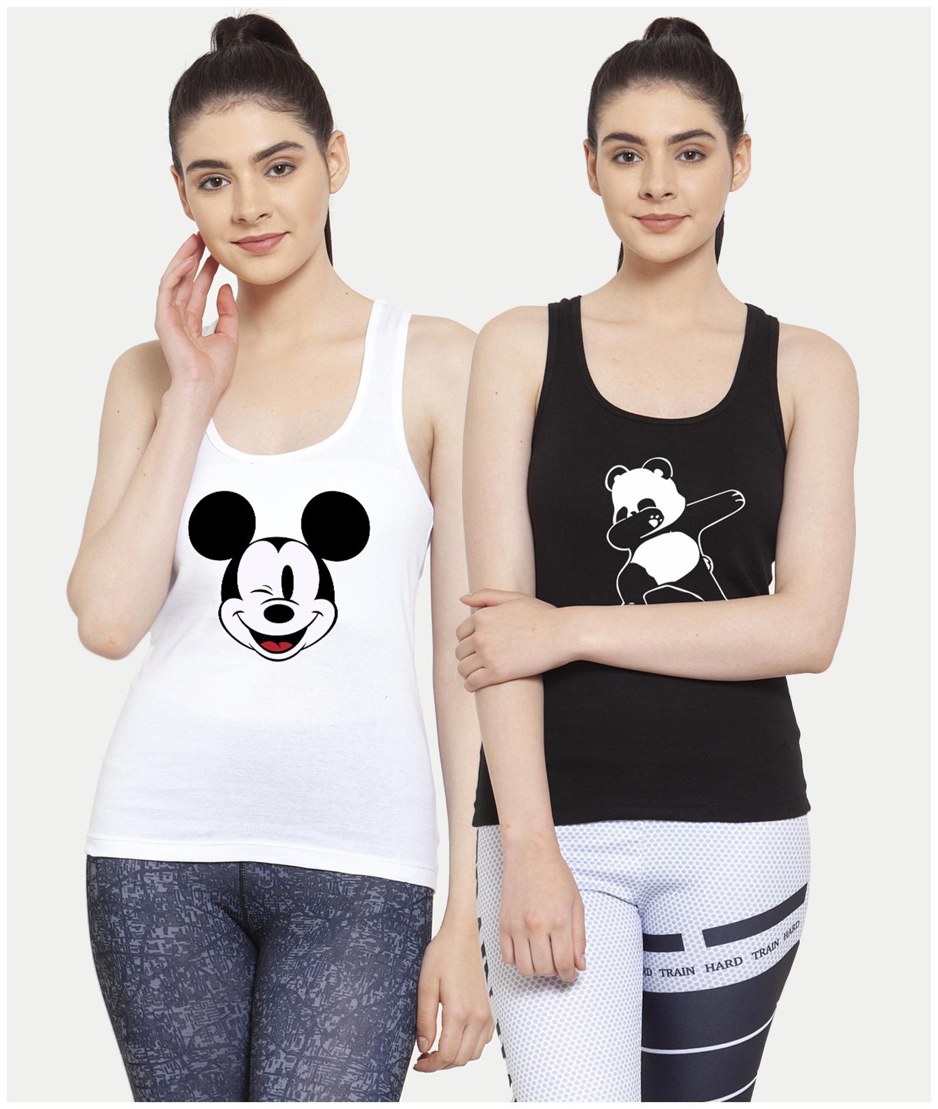 

Friskers Women White Black Regular fit U neck Cotton Tank top