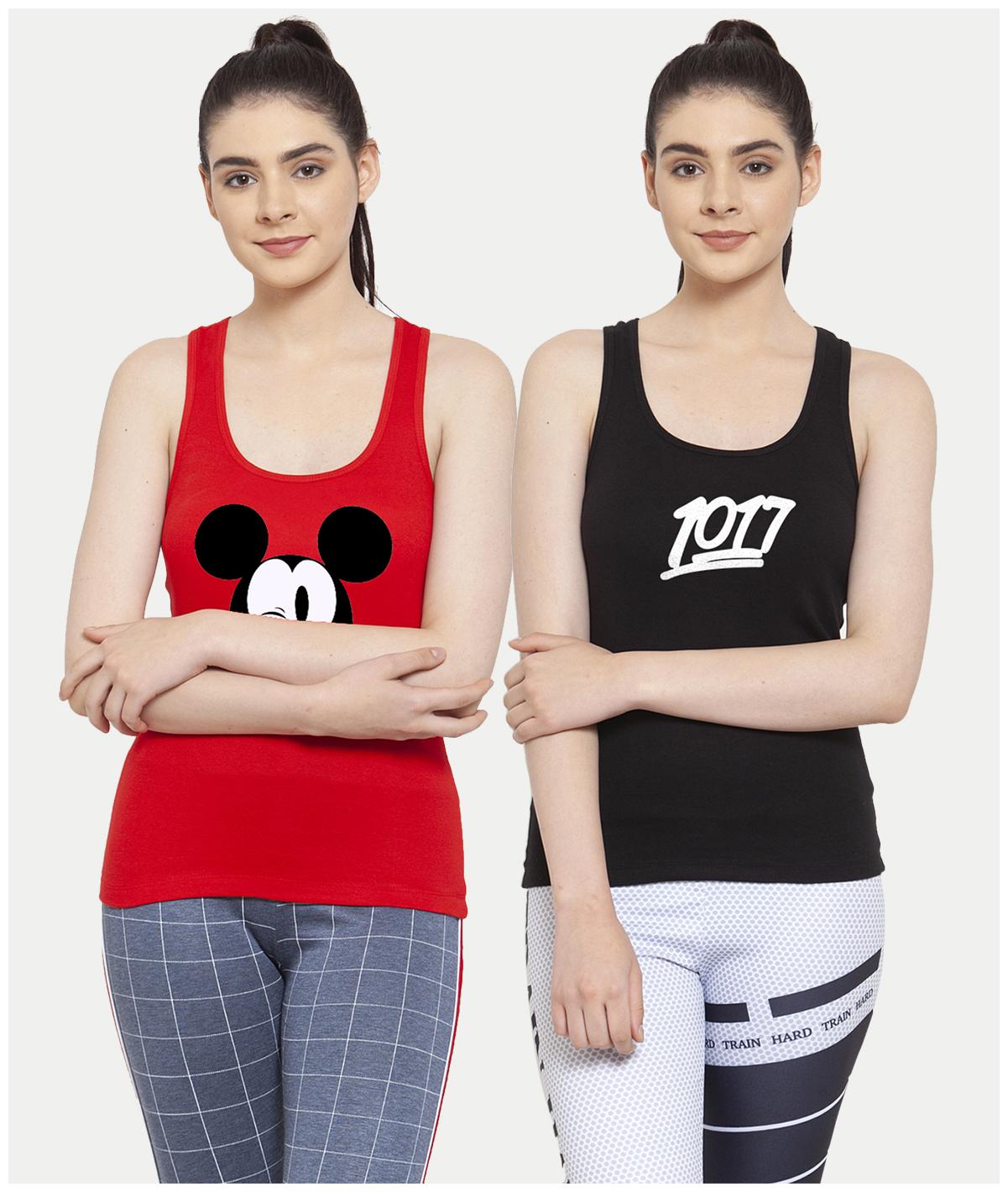 

Friskers Women Red Black Regular fit U neck Cotton Tank top