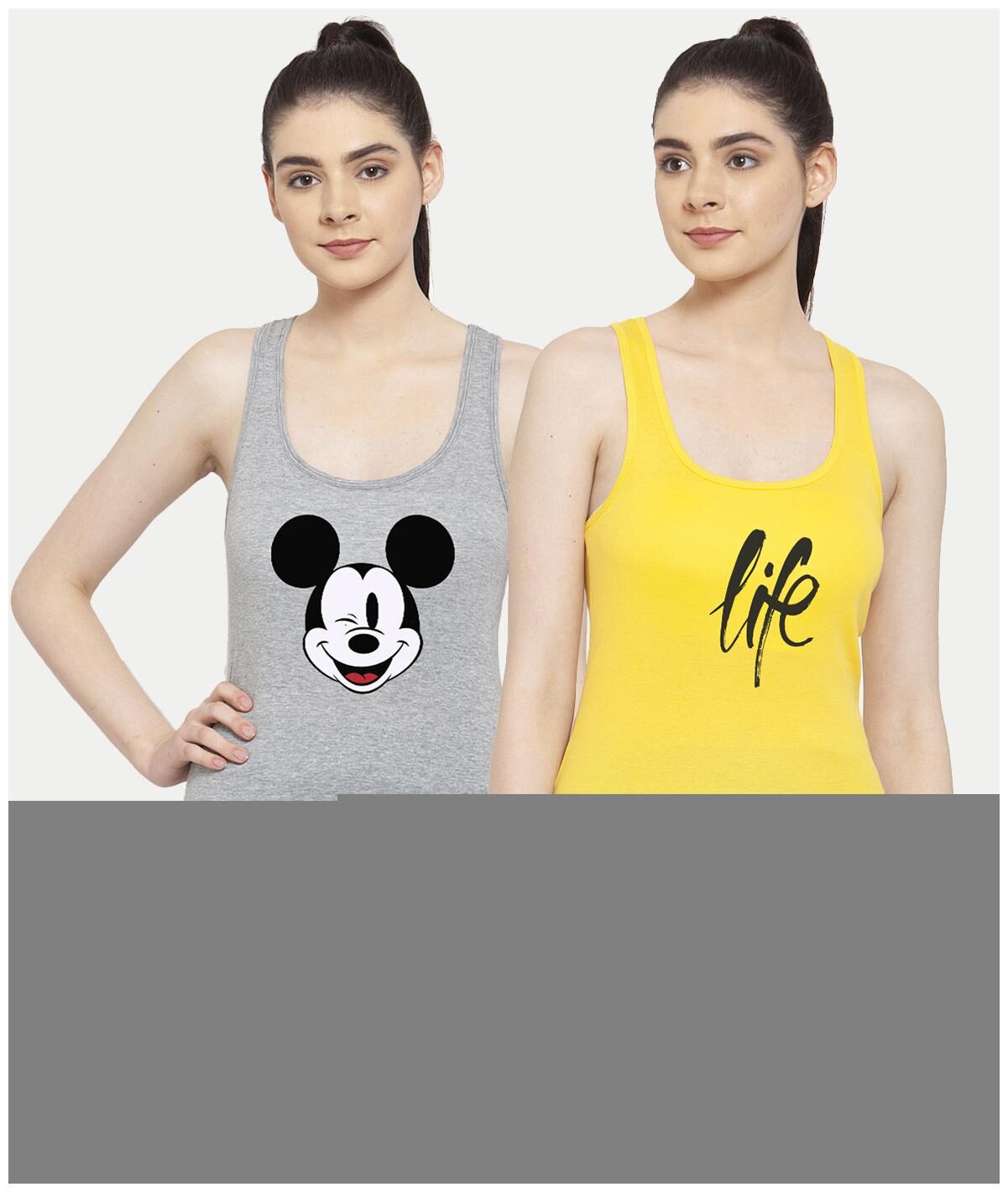 

Friskers Women Grey Yellow Regular fit U neck Cotton Tank top