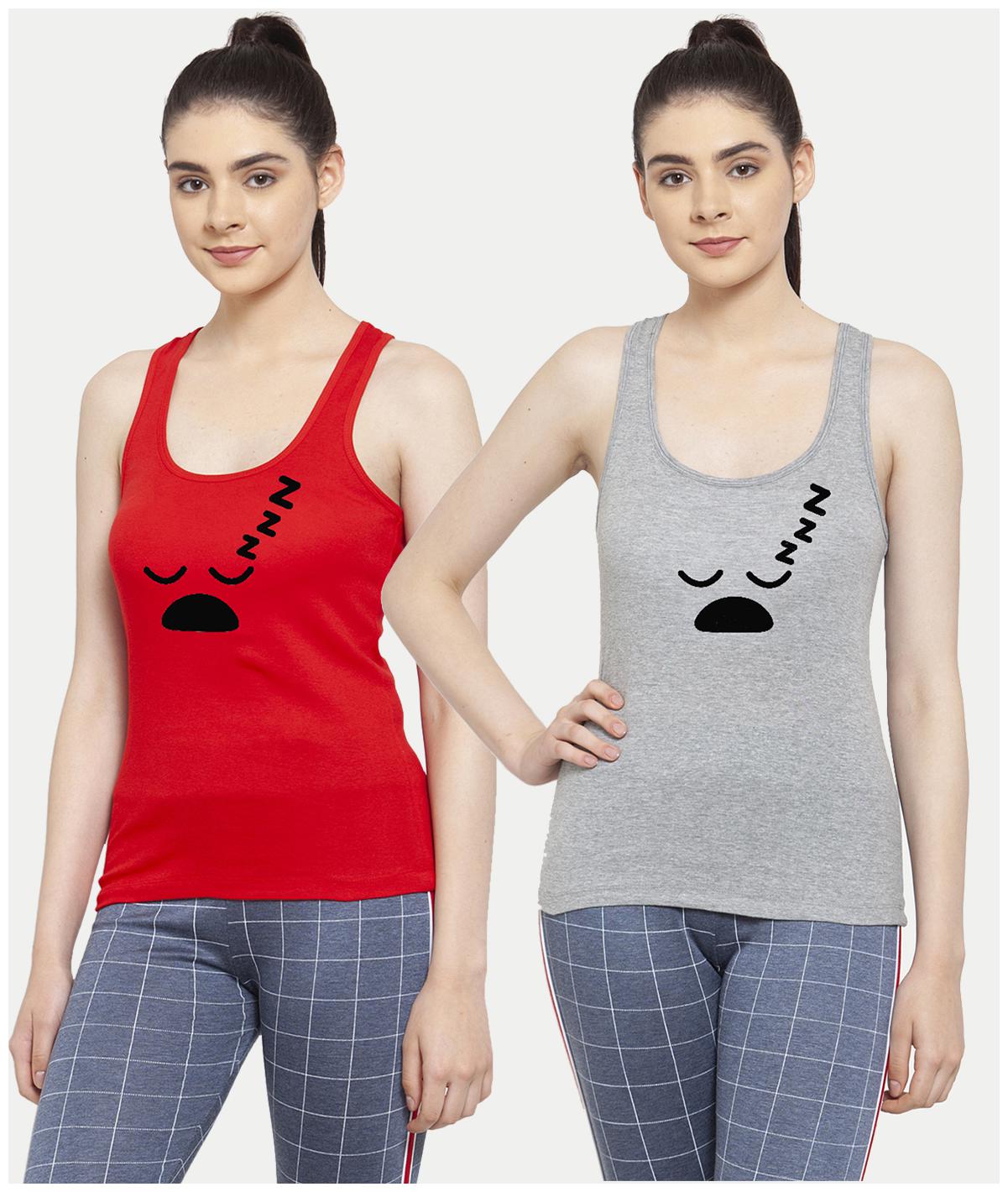 

Friskers Women Red Grey Regular fit U neck Cotton Tank top