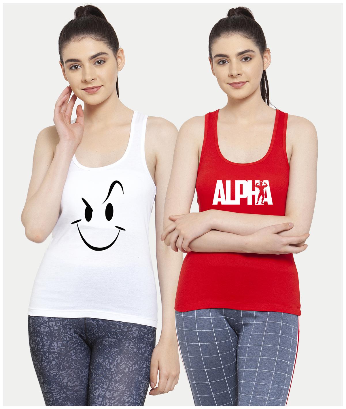 

Friskers Women White Red Regular fit U neck Cotton Tank top