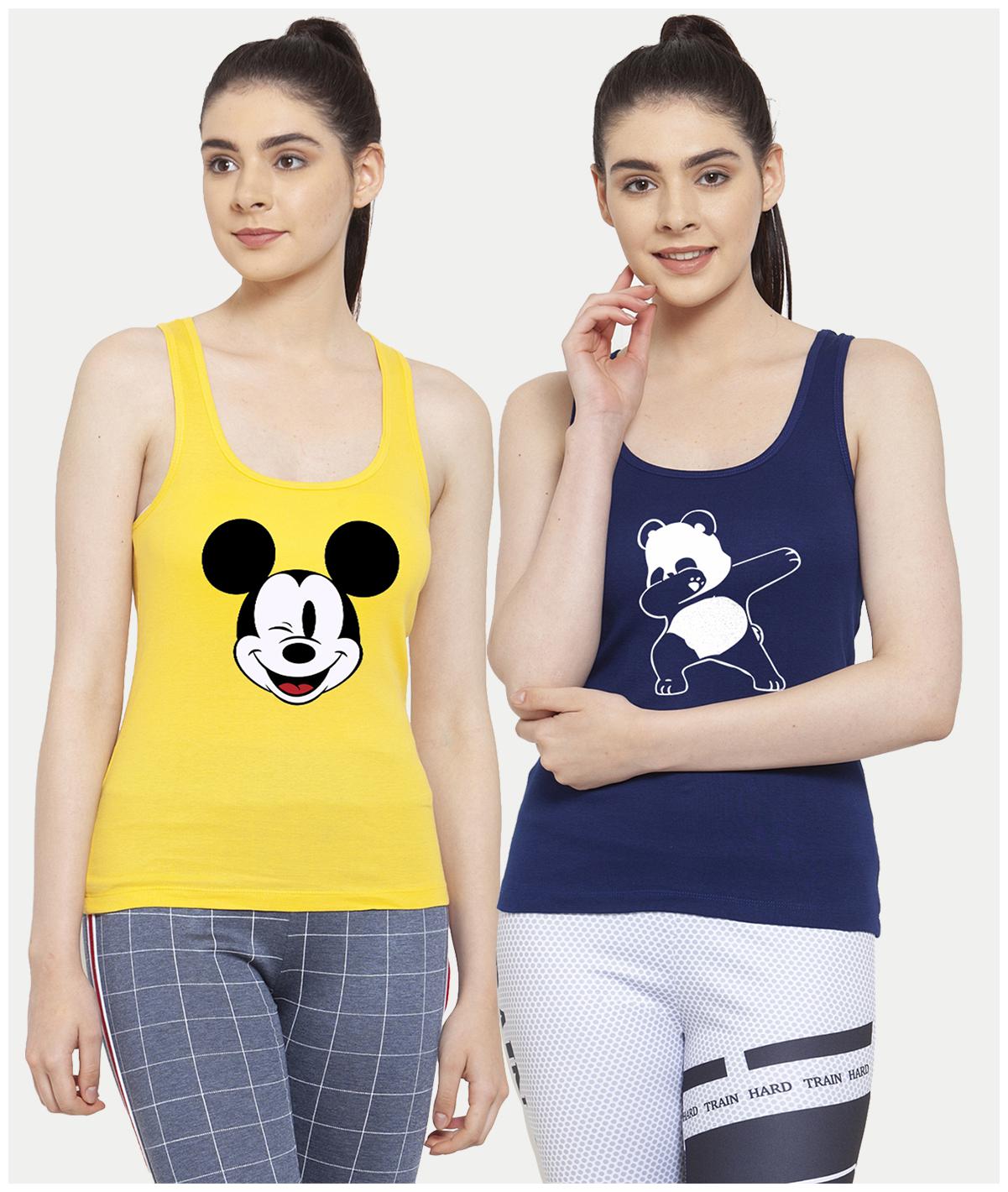 

Friskers Women Yellow Blue Regular fit U neck Cotton Tank top