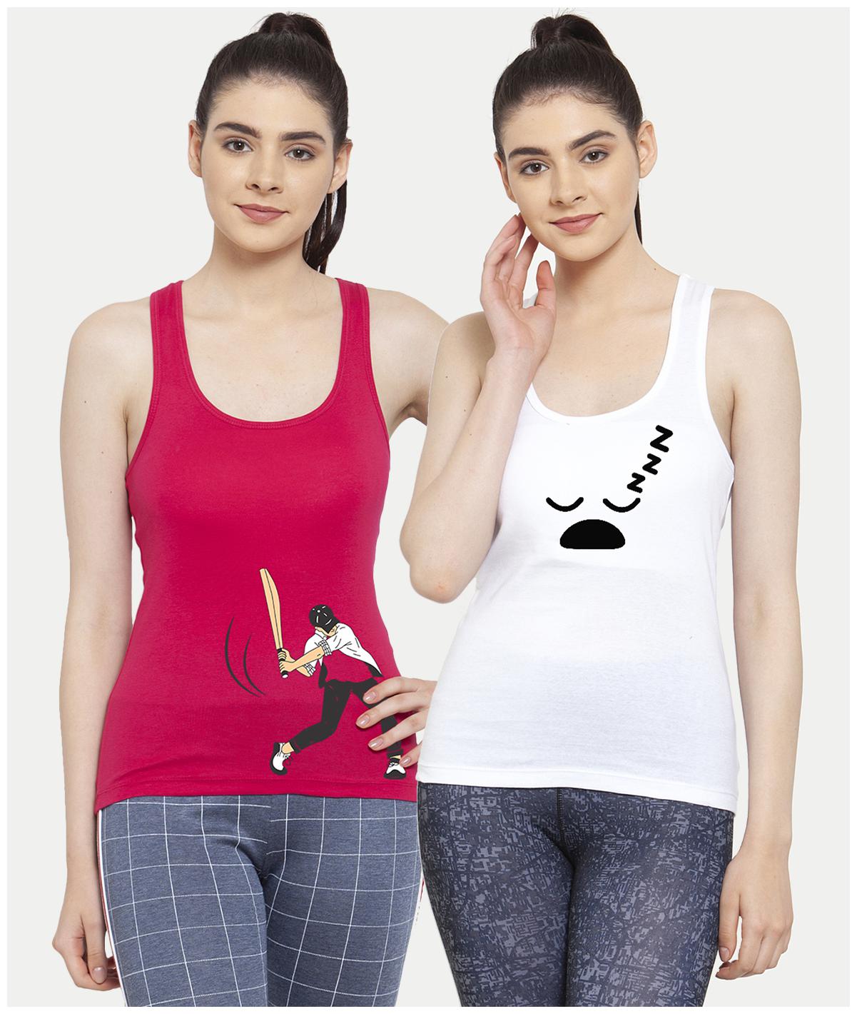 

Friskers Women White Pink Regular fit U neck Cotton Tank top