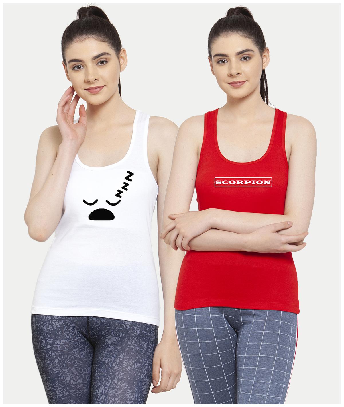 

Friskers Women White Red Regular fit U neck Cotton Tank top