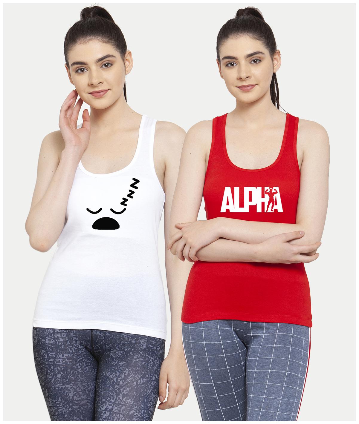 

Friskers Women White Red Regular fit U neck Cotton Tank top