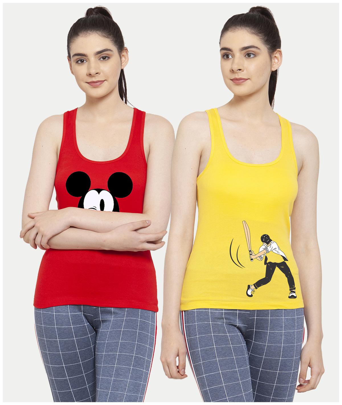 

Friskers Women Red Yellow Regular fit U neck Cotton Tank top