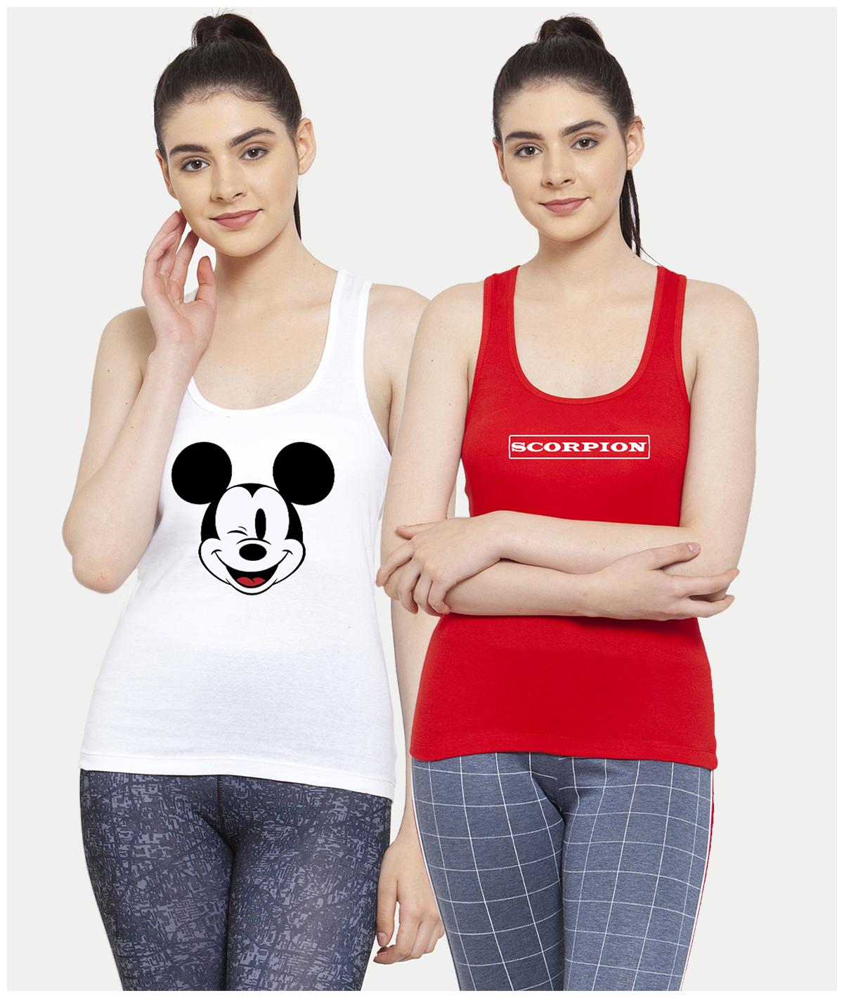 

Friskers Women White Red Regular fit U neck Cotton Tank top
