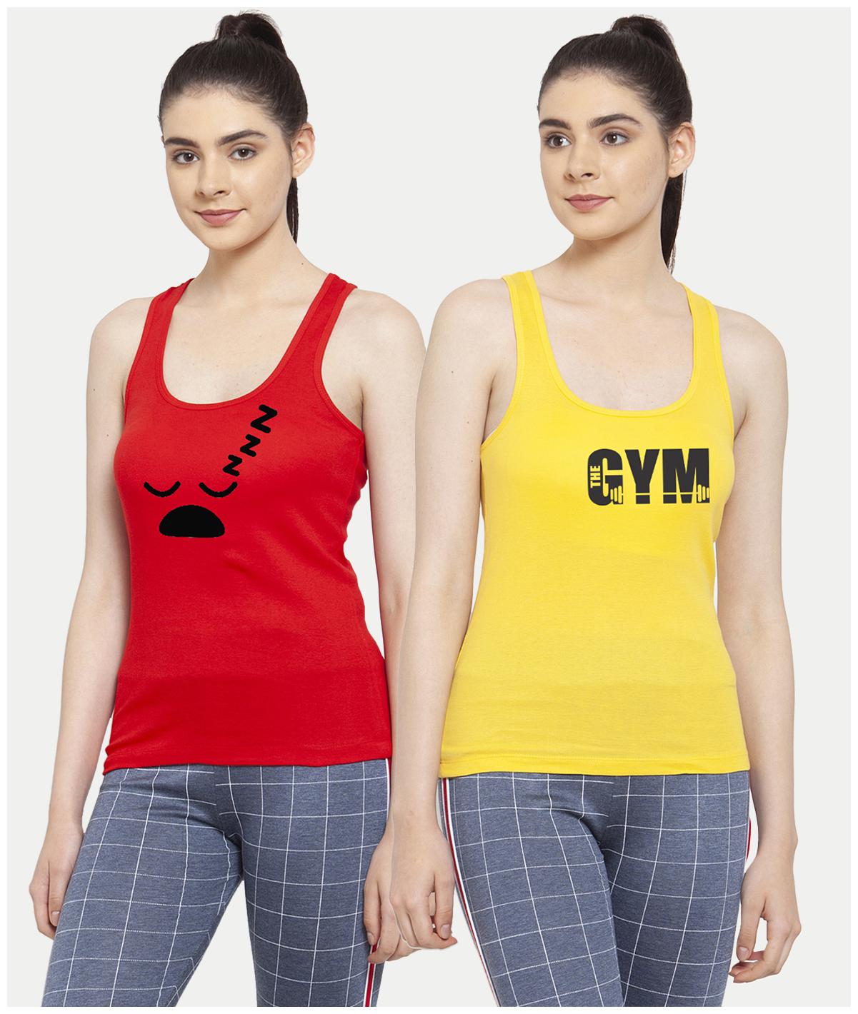 

Friskers Women Red Yellow Regular fit U neck Cotton Tank top