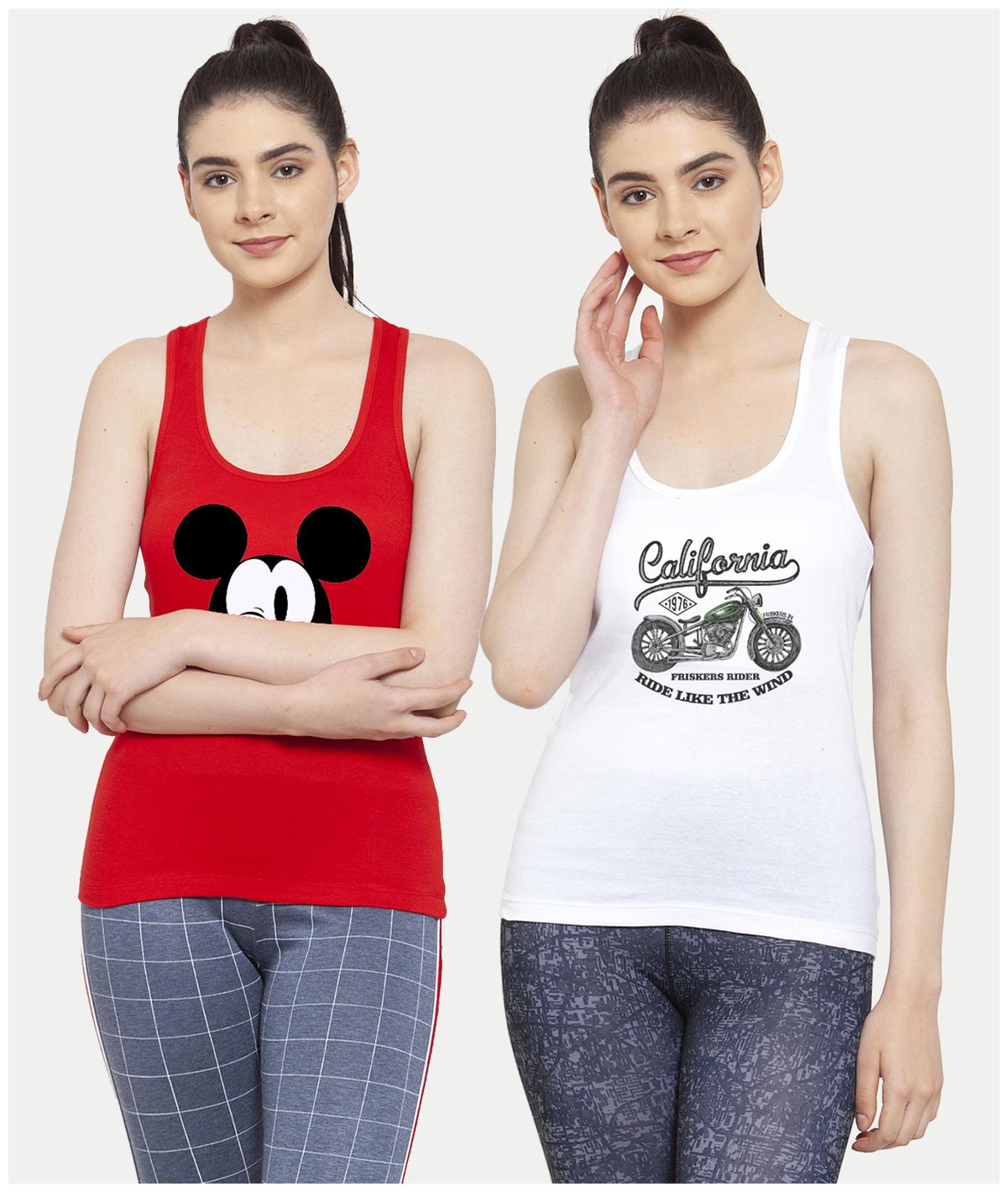 

Friskers Women Red White Regular fit U neck Cotton Tank top