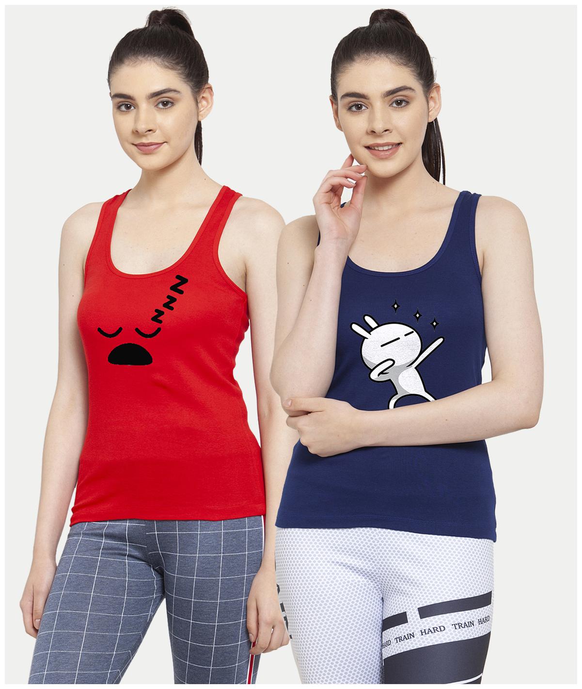 

Friskers Women Red Blue Regular fit U neck Cotton Tank top